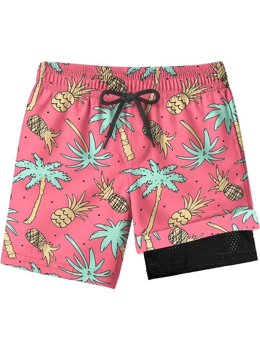 Pink Pineapple Print Kids Swim Trunks with black Liner